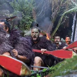 a group of people in a forest